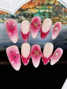 Pure Handmade Nails Jam French Tip 3D Wave Press On Nails 3D Flower Nails Set Gold Chrome 10Pcs Fake Nails For Women Girls Daily Wear