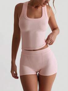Women's Two Pieces Running Exercise Sports Leisure Home I-Vest And Tight Shorts Set - Cherry Blossom Pink - View 7