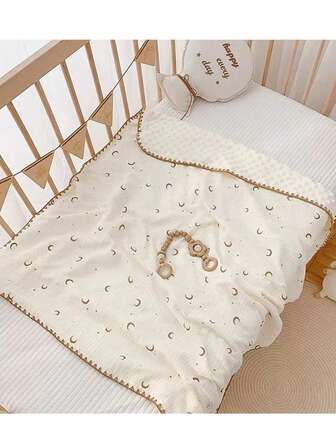 1 件金色星星和月亮图案柔软毛绒毯子，四季婴儿推车罩，儿童午睡/空调盖毯，成人办公室/汽车羊毛毯