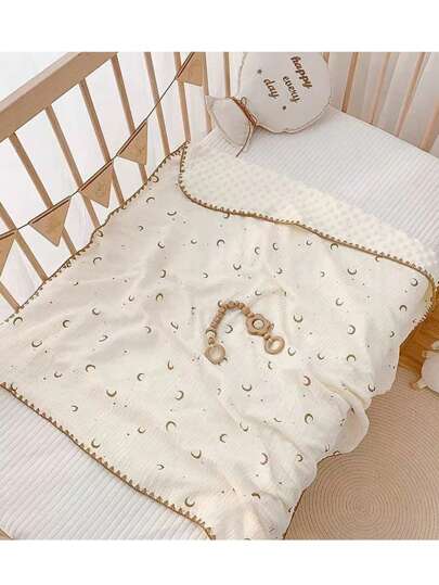 1 pezzo Coperta in morbido pile con motivo a stelle e lune dorate, copertina universale per passeggino per bambini, plaid per pisolino/aria condizionata per bambini, telo in pile per adulti per ufficio/auto