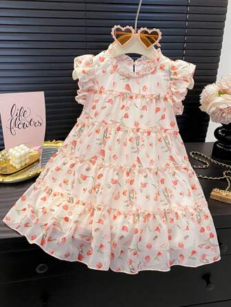女童时尚花卉印花雪纺蛋糕裙无袖公主裙，夏季