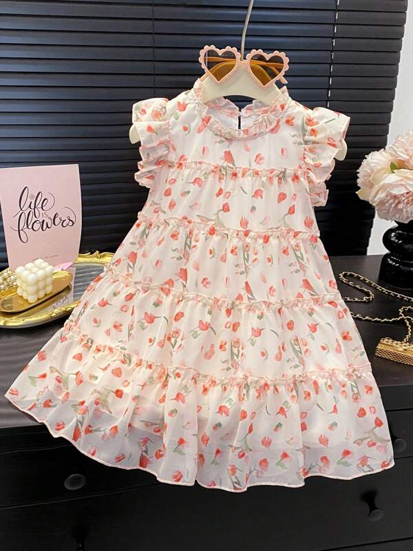 Girls Fashion Floral Printed Chiffon Cake Dress Sleeveless Princess Dress, Summer