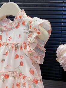 Abito estivo da ragazza con stampa floreale in chiffon, senza maniche, stile principessa - Rosa - Visualizzare 4