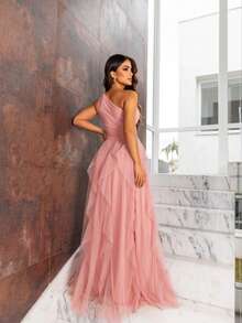 One-Shoulder Layered Bridesmaid Prom Dress - Rusty Rose - View 3