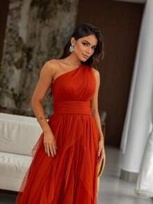 One-Shoulder Layered Bridesmaid Prom Dress - Terracotta With Shine - View 2