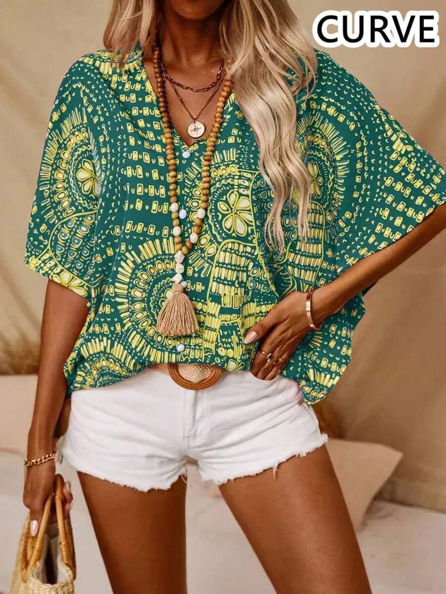 Plus Size Women Batwing Sleeve Printed V-Neck Blouse