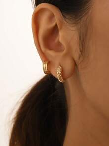 6 件/套复古风格金属 C 形纹理扁平耳钉，适合女士、节日礼物和日常佩戴 - 銀色 - 查看 3