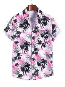 Men's Casual Holiday Short Sleeve Shirt With Digital Palm Tree Print - Pink - View 1