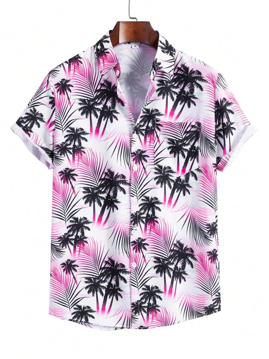 Men's Casual Holiday Short Sleeve Shirt With Digital Palm Tree Print - Pink - View 1