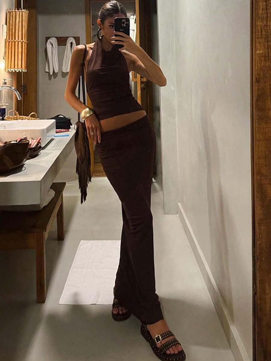 ZIAI New 2025 Summer Halter Neck Backless Strappy Tank Top & Slim Fit Solid Color Elegant Long Skirt Two-Piece Set - Brown - View 1