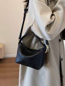 PU Faux Snake Skin Textured Tote Bag For Women, Simple Design, Versatile - Black - View 4