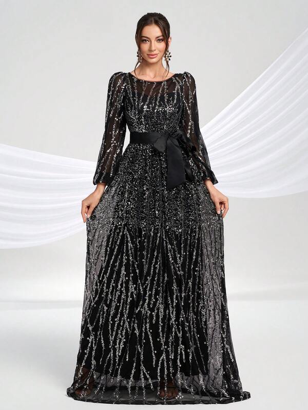 YISIKADO Sequin Glittery Dress Bow Front Luxury Elegant Women Ball Gown Prom Party Long Dress Wedding Guest Banquet Graduation Formal Evening Dinner Art Exhibition Concert Bridal Shower Dress