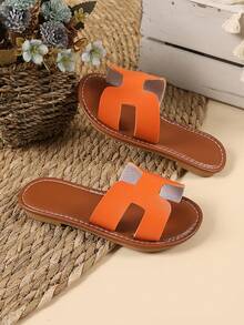 1 par de sandalias planas de color naranja talla grande para niñas, sandalias de PU de unicolor cómodas con tira, puntera redonda, antideslizantes, lindas y adecuadas para niños y niñas de 3 a 15 años, para uso diario, casual, fiesta, viaje, nueva llegada primavera/verano 2026 - Naranja - Ver 3