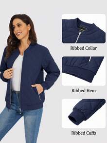 KEFITEVD Women's Thermal Bomber Jacket Lightweight Full-Zip Quilted Warm Padded Coat Casual Outwear With Pockets - 藏蓝色 - 查看 4
