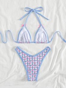 Women's Plaid & Ditsy Floral Halter Neck Bikini Set, Summer