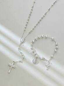 Hot Selling Exquisite Silver Virgin Mary Cross Necklace Bracelet Set - Silver Necklace and Bracelet Set - View 14