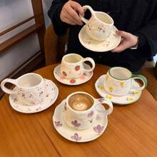 1 pieza Juego de taza de café y platillo de cerámica vintage hecho a mano, taza y plato con pintura a mano estilo coreano Ins, adecuado para mug de latte y plato de postre, excelente para San Valentín, Día de la Madre, regalo conmemorativo de pareja, regalo de graduación de vuelta a la escuela