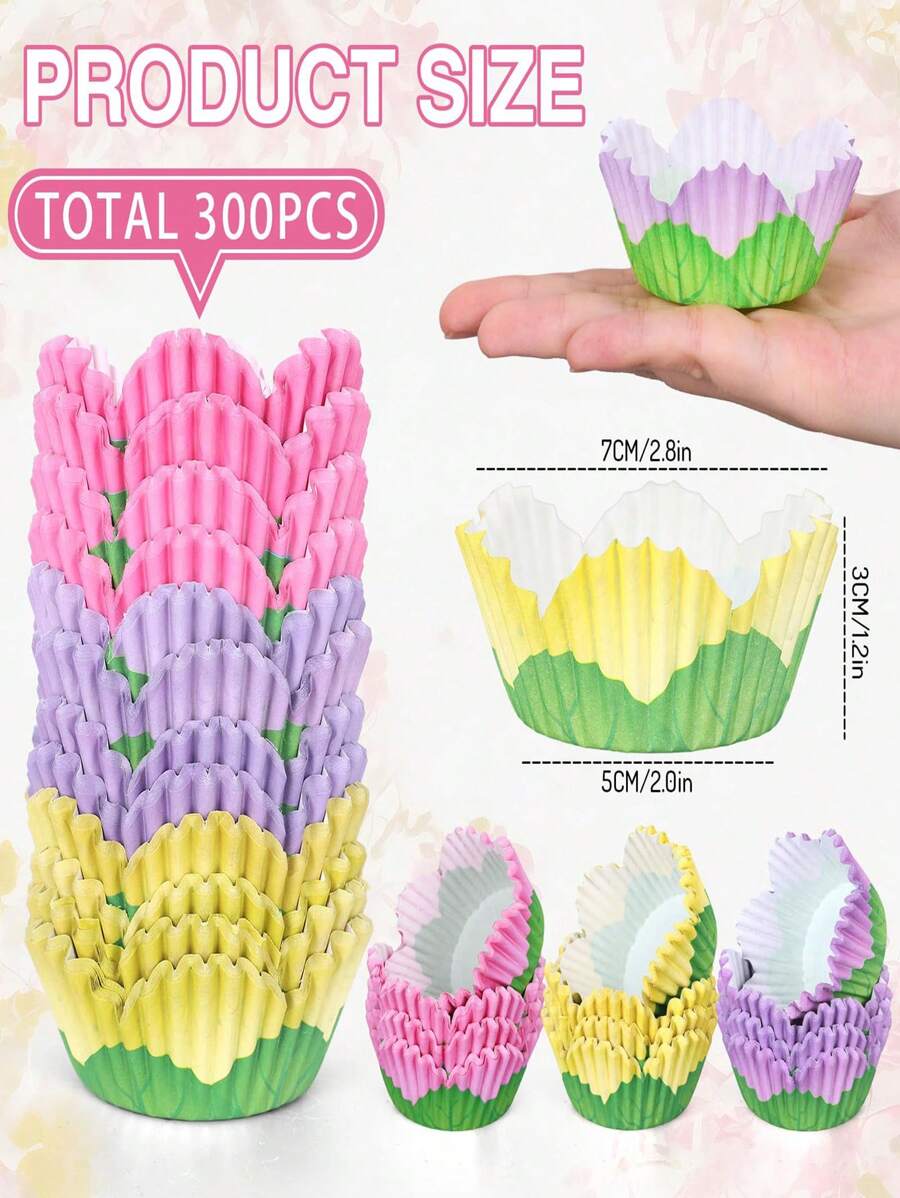 300Pcs Flower Cupcake Liners Spring Summer Flower Baking Cups Pink Purple Yellow Petal Cupcake Wrappers Holders Muffin Liners For Spring Wedding Bridal Shower Birthday Tea Party Decor(Red And Green)