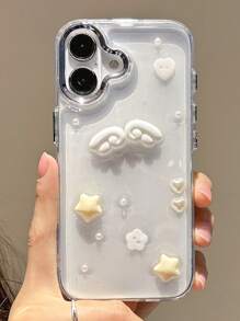 Funda de teléfono con alas de ángel de epoxi con brillo, estrellas y perlas falsas, compatible con iPhone 16, 15, 14, 13, 12 Pro Max, 11, con cubierta trasera protectora clara, resistente al agua, a los golpes y a los arañazos