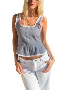 Plaid Tie Back Crop Tank Tops For Women Cute Sleeveless Gingham Camisole Square Neck Backless Cropped Vest Tops - Black - View 8