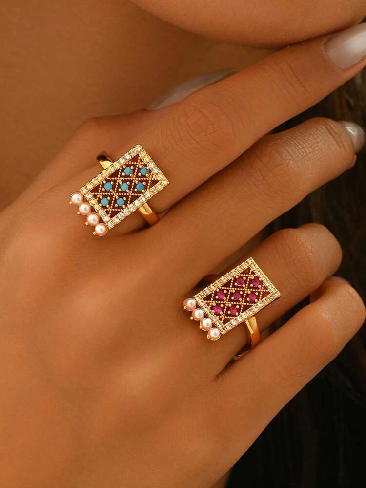 1pc Eid Festival Simple Unique Copper Inlaid Faux Pearl Hollow Rectangle Fashion Versatile Ring - Multicolor - View 7