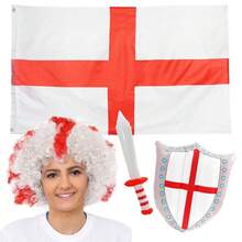 England Supporter Set – Red & White Afro Wig, 5ft X 3ft St George Flag, Inflatable Sword & Shield – Football Fan Costume Accessories - Red and White - View 1