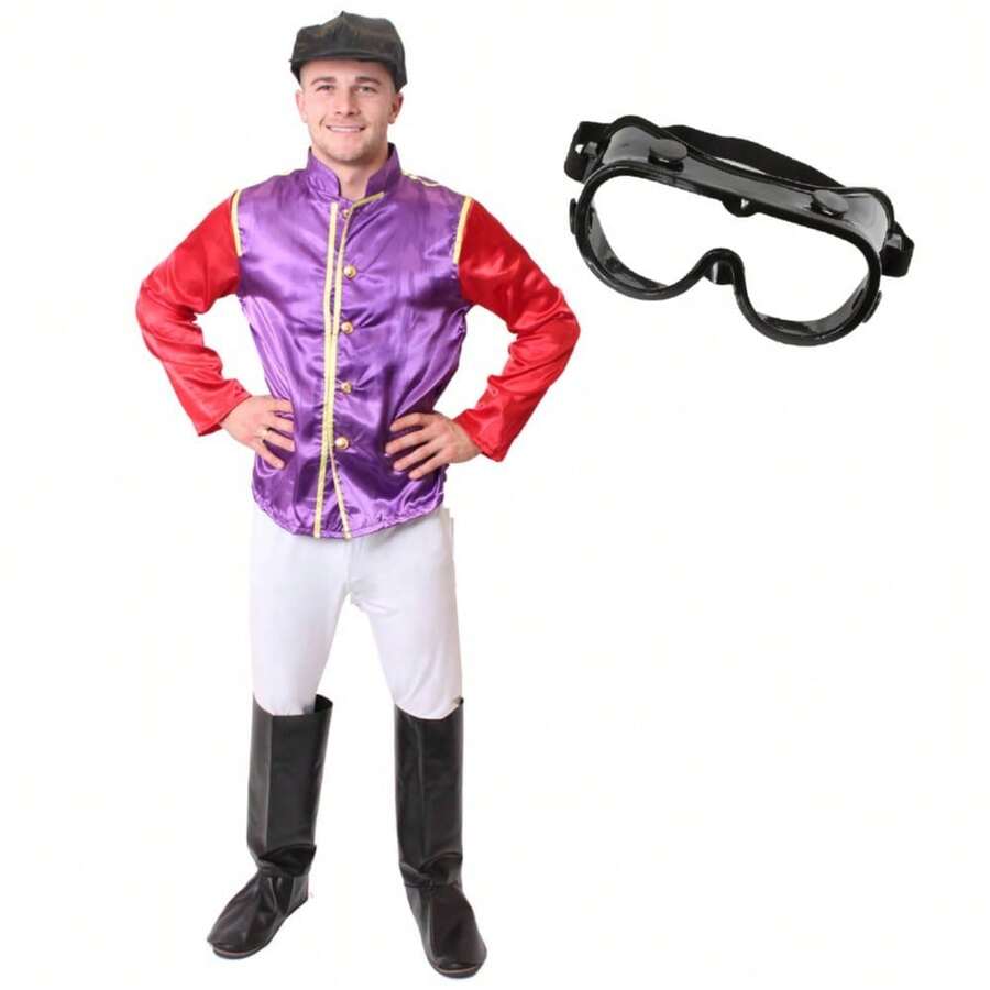 Adults Purple & Red Jockey Costume With White Trousers & Boot Covers – Horse Racing Fancy Dress Outfit For Men & Women – Ideal For Race Days, Stag & Hen Parties - Costume+Goggles - View 1