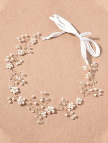 1 件优雅浪漫手工珍珠软链水晶头带，适合春夏户外婚礼、花园婚礼、海滩婚礼、婚礼