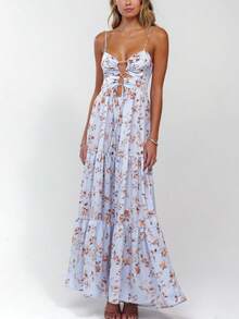 Women Summer Casual Long Dress Y2k Spaghetti Strap Bodycon Low Cut Dress V-Neck Sleeveless Solid Color Tie-Up High Backless Sexy Fashion Party Sling Maxi Dress - hoa màu xanh - Xem 3