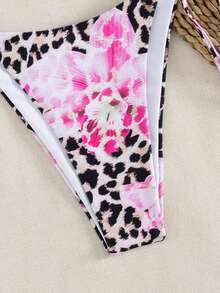 Summer Women's Leopard Floral Print Halter Neck 2pcs Bikini Set - Multicolor - View 4