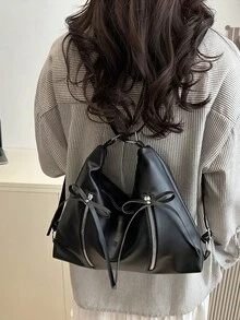 蝴蝶结装饰女士手提包，时尚韩版休闲大容量单肩包，适合旅行、散步、购物 - 黑色 - 查看 6