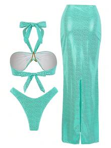 3pcs/Set Sexy Solid Color Bikini For Women, European American Style - Blue - View 3