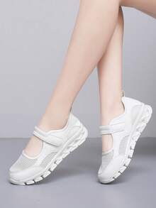 Women's Low Vamp Flat Shoes, 2025 New Mesh Leather Patchwork Hook And Loop Casual Shoes, Lightweight Breathable Dance Shoes/Nurse Shoes/Mom Shoes, Non-Slip Thick Sole Sneakers, Spring/Summer/Autumn - White - View 7