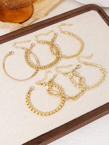 6Pcs Simple Punk Chunky Chain Bracelet Set Metal Link Chain Combo, Ensemble With Rope, Snake, And Twisted Designs Multi Layered Bracelet Women's Holiday Dating Gift Daily Matching - Yellow Gold - View 2
