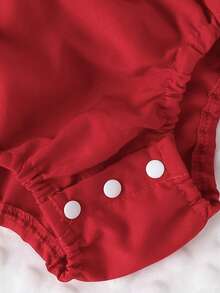 Baby Girls' Fashionable Minimalist Cute Square Neck Bowknot Bodysuit With Heart Shaped Print, Ruffled Edges, Headband, Spring/Summer - Red - View 5