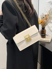 1 Stück Damen Mode minimalistischer quadratischer PU Umhängetasche, vielseitige kleine Messenger Tasche, Kettengurt - Weiss - Übersicht 4