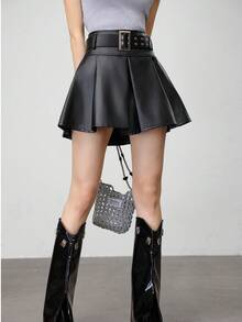 春夏Y2K音乐节女士金属PU百褶裙套裙黑色皮裙百搭时尚腰带长腿