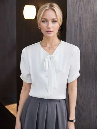 女士白色短袖衬衫，修身轻盈休闲衬衫，2025 年夏季新品