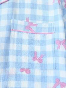 2 件套蓝白格子蝴蝶结装饰纽扣短袖上衣和裤子女士睡衣套装，春夏睡衣休闲装