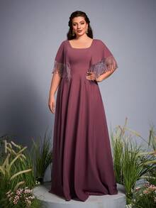 Plus Size Mgiacy Square Neck Flounce Sleeve Patchwork Beaded Fringe Hem Dress Bridesmaid Dress - Pink - View 1