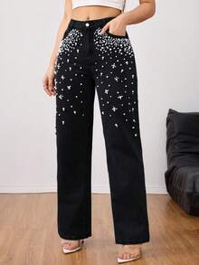 Jeans de pierna recta con decoración de perlas elegante - Jeans de lujo para mujer - Negro - Ver 6