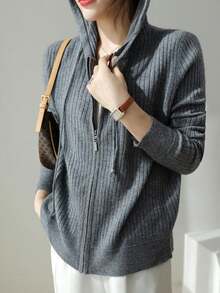 Chaqueta casual con capucha y cremallera para mujer, chaqueta de color sólido, ropa informal diaria - Gris - Ver 2