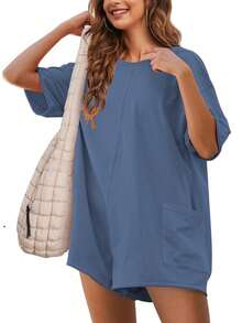 Mono de mujer casual de color sólido, estilo suelto minimalista, cuello redondo, top de manga corta, diseño transpirable sin espalda, cómodo top de mujer de bolsillos grandes, adecuado para la calle y el uso diario. - Azul - Ver 1