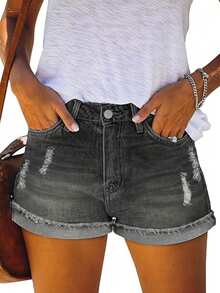 Pantaloni scurți din denim spălat vintage, cu buzunare multiple, cu nasturi în față, îmbrăcăminte zilnică ocazională pentru primăvară și vară