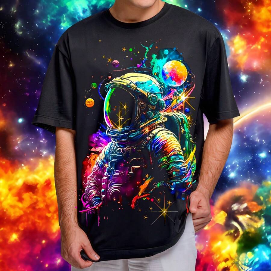 Playera Unisex Oversize con Estampado de Astronauta Galaxias | Diseño Urbano y Comodo | Streetwear, Festivales y Uso Diario | Algodón Peinado y Corte Holgado | Ideal para Outfits Casuales, Fiestas o Regalos - Negro - Ver 1