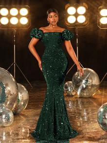 Faeriesty 优雅亮片露肩美人鱼礼服 - 闪亮奢华礼服，适合黑色领带活动、霓虹灯夜总会或名人风格的红毯亮相、正式、派对礼服、晚会、婚礼宾客 - 墨綠色 - 查看 4