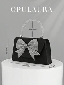 Túi cầm tay dự tiệc thời trang Âu Mỹ OpulAura bằng vải satin đen cho nữ, Túi xách dự tiệc đính nơ lấp lánh thanh lịch bằng đá pha lê, Túi đựng váy trang trọng bằng vải satin sang trọng, Túi đeo vai xích phù hợp cho tiệc, tiệc tùng, sinh nhật, đám cưới - màu đen - Xem 4