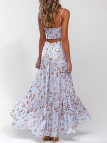 Women Summer Casual Long Dress Y2k Spaghetti Strap Bodycon Low Cut Dress V-Neck Sleeveless Solid Color Tie-Up High Backless Sexy Fashion Party Sling Maxi Dress - hoa màu xanh - Xem 4