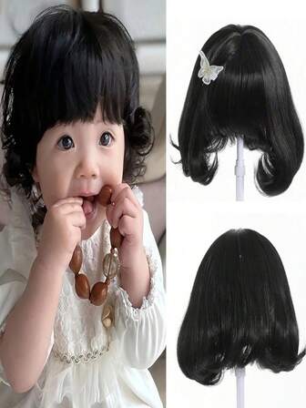 1 件 10 英寸儿童短黑色假发，带 2 个发饰，合成耐热假发，发饰发夹，适合女孩配饰