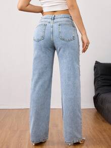 优雅珍珠装饰水洗直筒牛仔裤 - 奢华时尚女式牛仔裤 - 春季时尚服饰 - 淺色水洗藍 - 查看 6